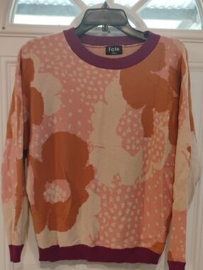 Fate Pink, Rust & Cream Abstract Floral Knit Sweater with Purple Trim Size Small